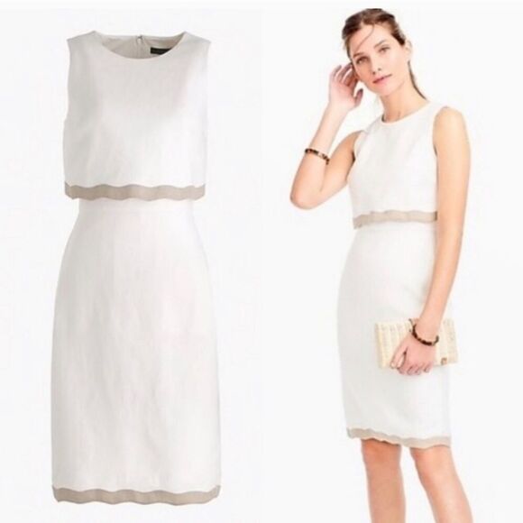 J. Crew Going Places White Linen Tan Scallop 100% Linen Sleeveless Sheath Dress - Picture 1 of 16